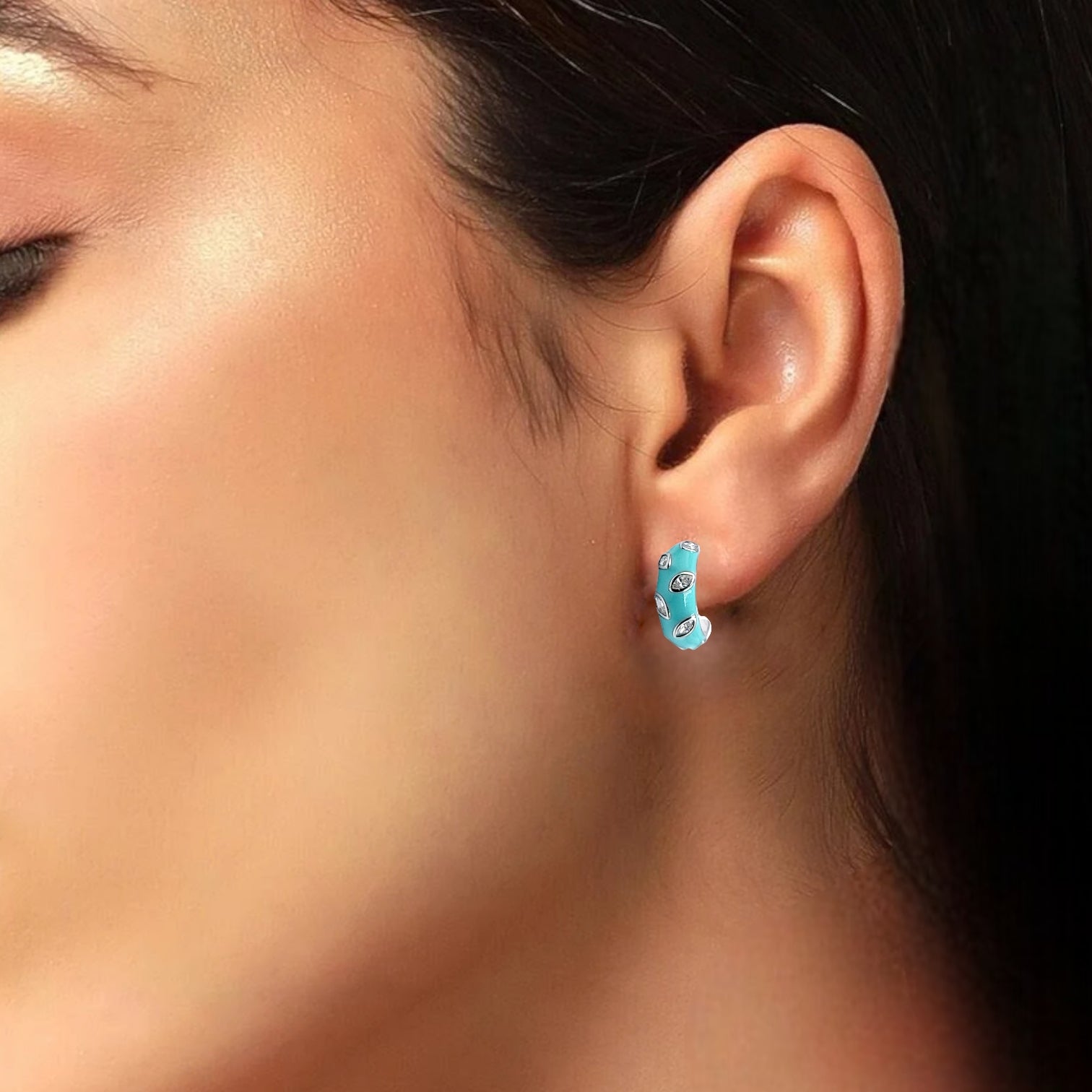 Quirky Enamel Hoops Petal CZ Chunky Bold Hoop Earring 13x4 mm