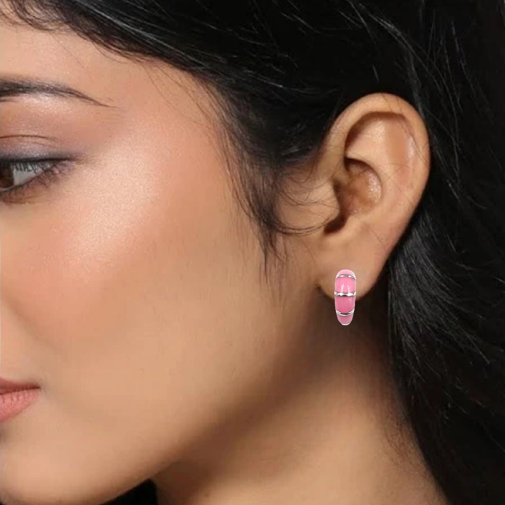 Pretty Enamel Hoops Strips CZ Chunky Bold Hoop Everyday Wear Earring  13x4 mm