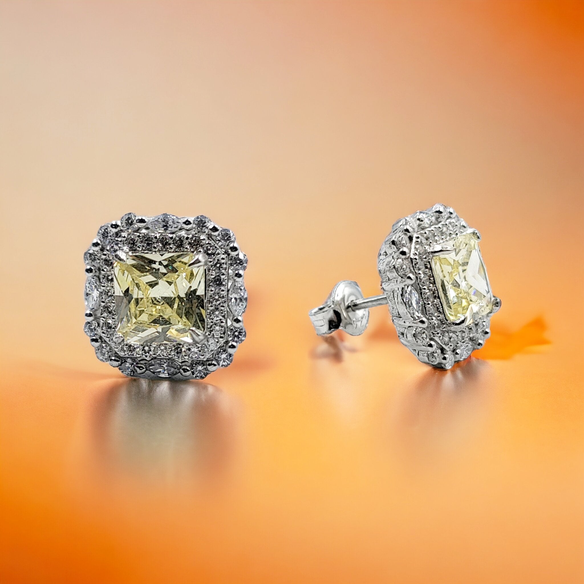 925 Sterling Silver Cubic Zirconia Halo Square Stud Earring 13x13 mm