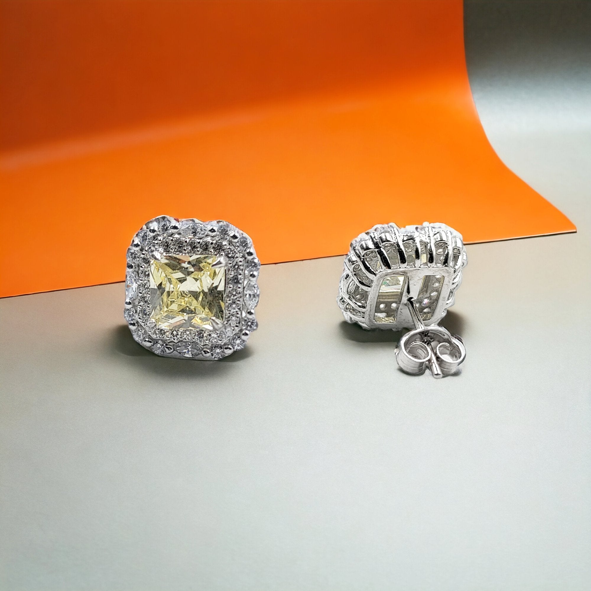 925 Sterling Silver Cubic Zirconia Halo Square Stud Earring 13x13 mm