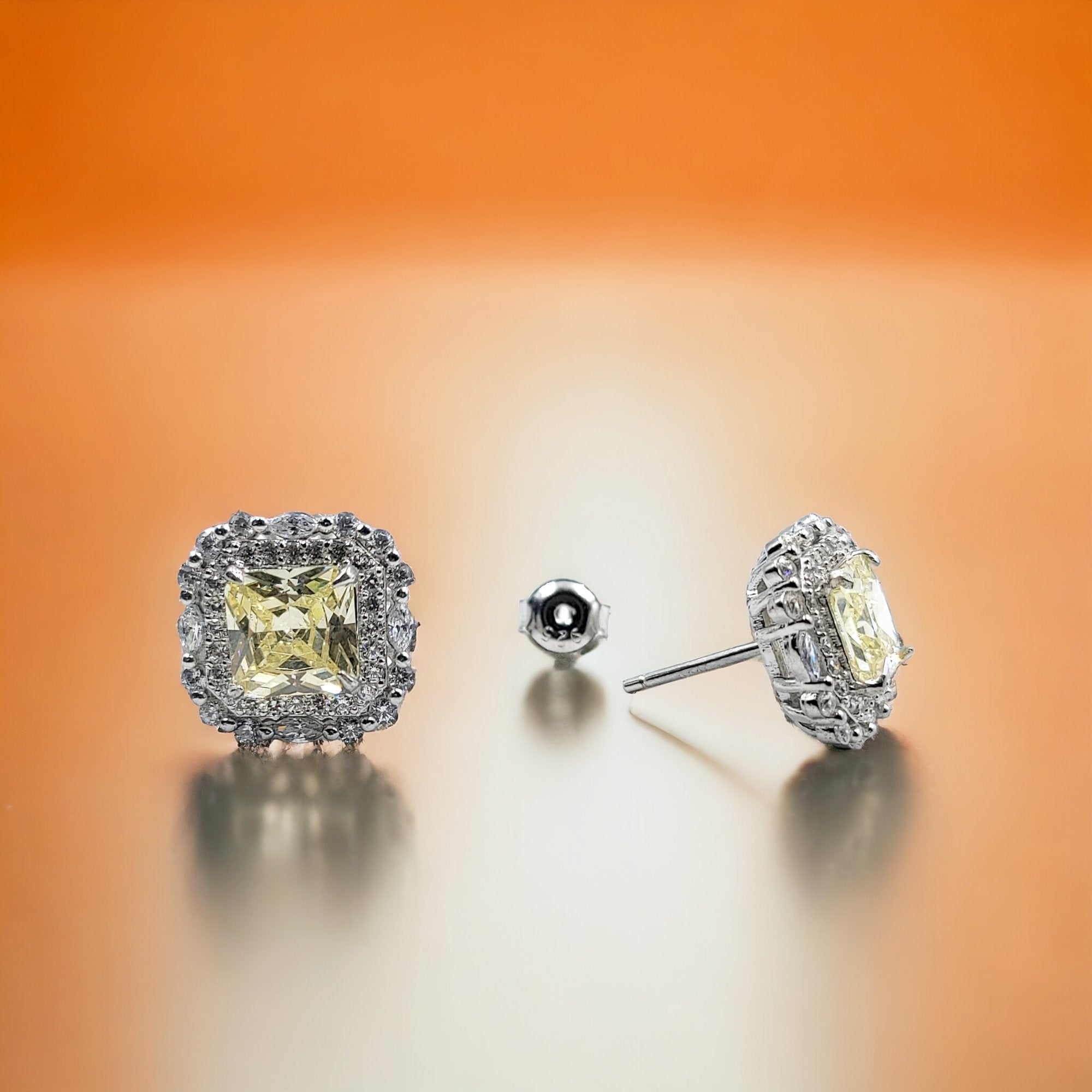 925 Sterling Silver Cubic Zirconia Halo Square Stud Earring 13x13 mm