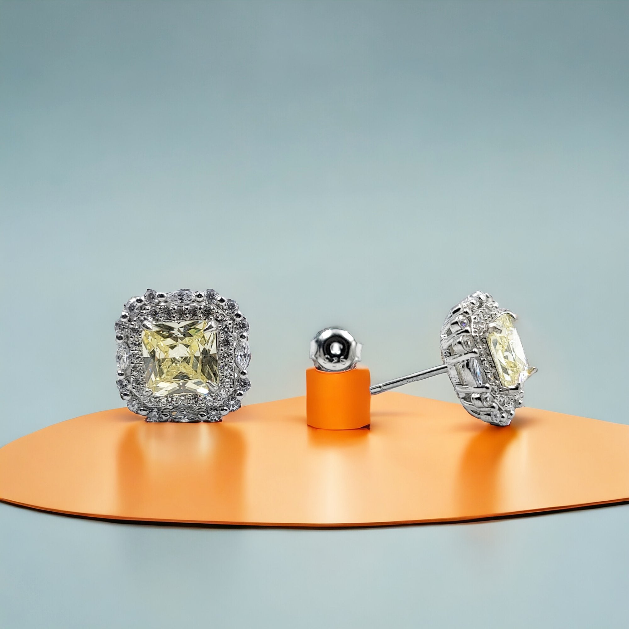 925 Sterling Silver Cubic Zirconia Halo Square Stud Earrings Minimalist Handmade Gift For Women -13x13 mm