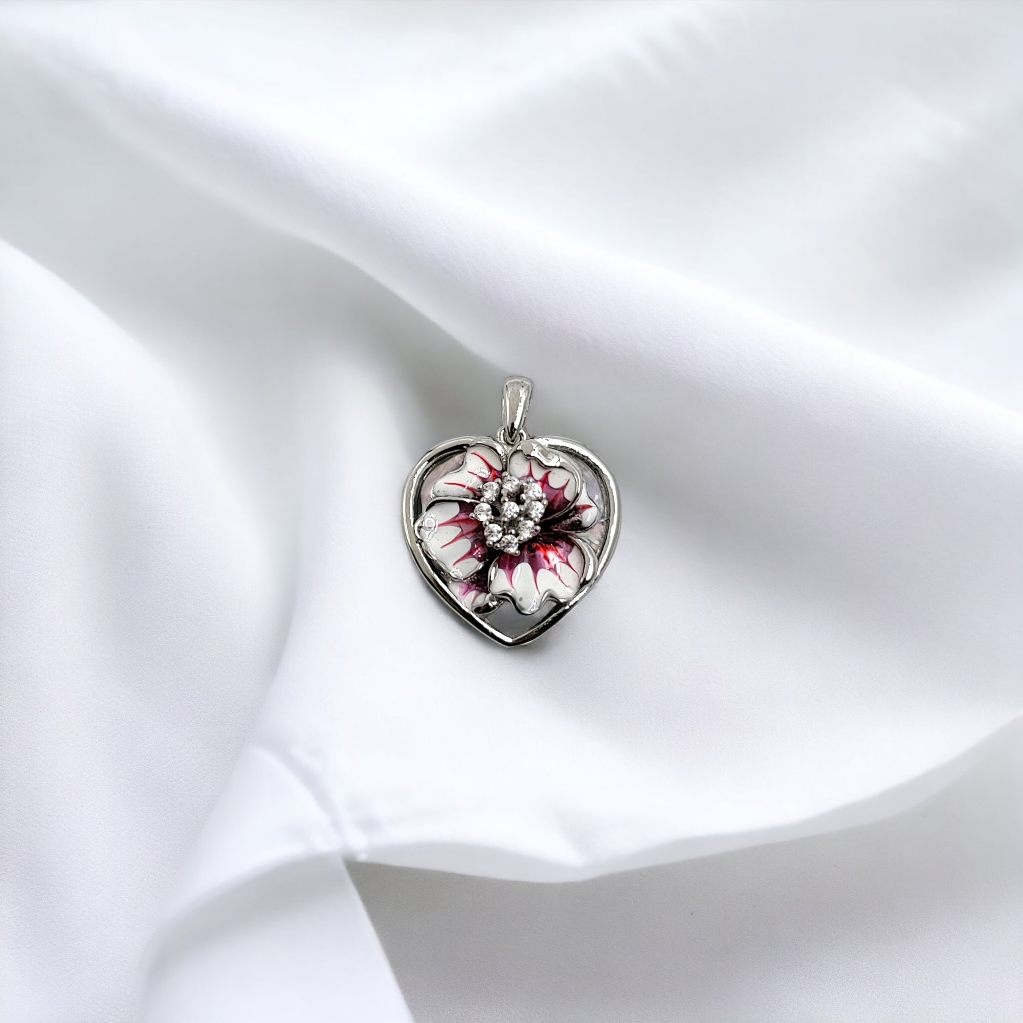 925 Sterling Silver Heart Shape Pendant With English Lock Earring Set CZ Stones Enameled Flower Design Jewellery Minimalist Handmade Gift