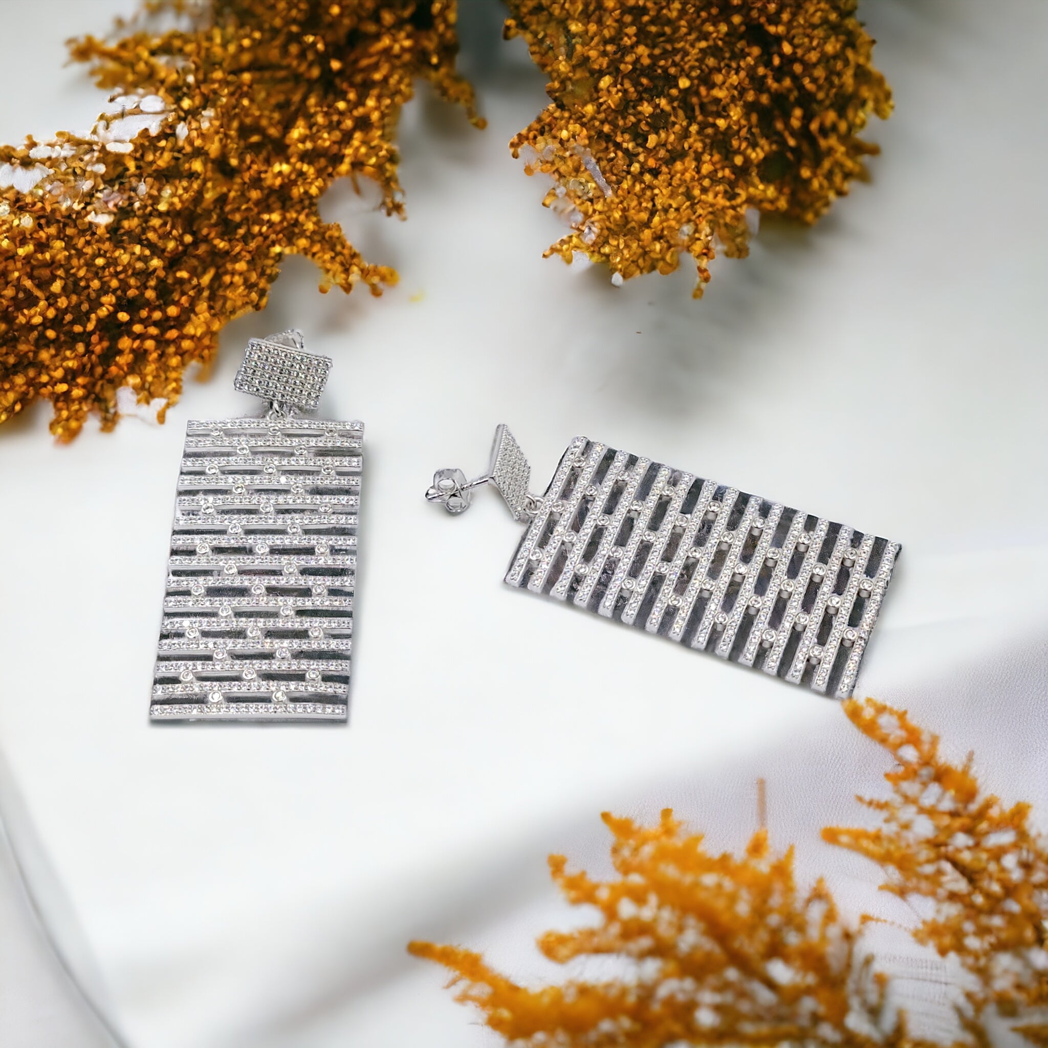 925 Sterling Silver Cubic Zirconia Statement Drop Earrings Dangler Drop Pattern Cocktail Party Earrings Minimalist Handmade Gift