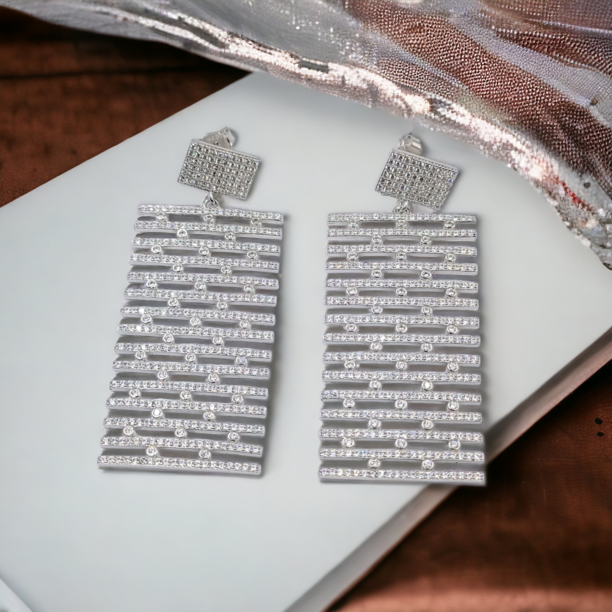 925 Sterling Silver Cubic Zirconia Statement Drop Earrings Dangler Drop Pattern Cocktail Party Earrings Minimalist Handmade Gift