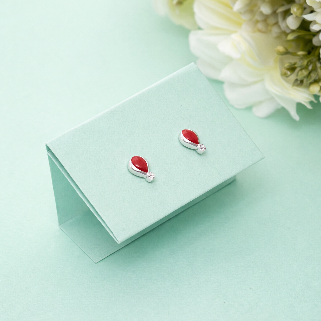 925 Sterling Silver Red Enamel Stud Earrings CZ Minimalist Jewelry