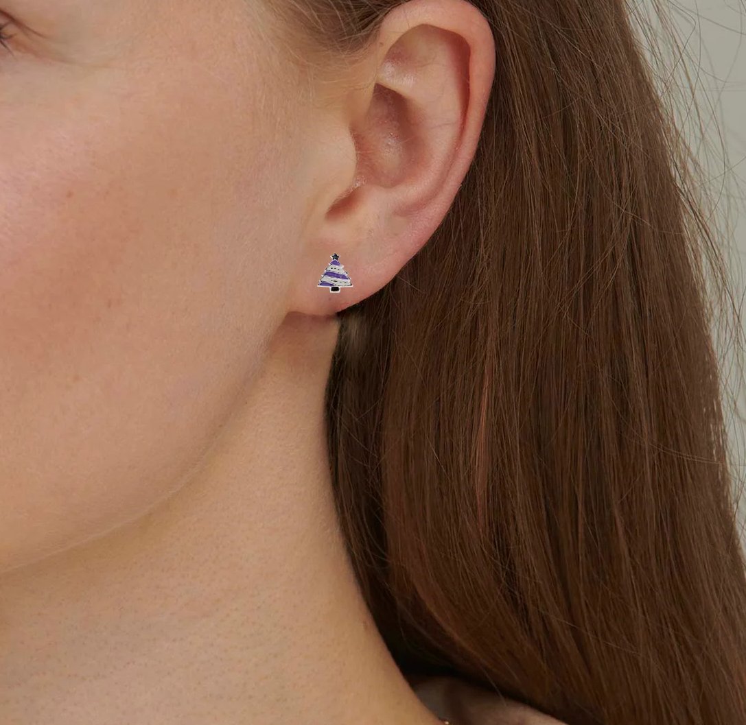 925 Sterling Silver Cute Tree Ear Studs Enamel Cartilage Ear Studs 8x6 mm