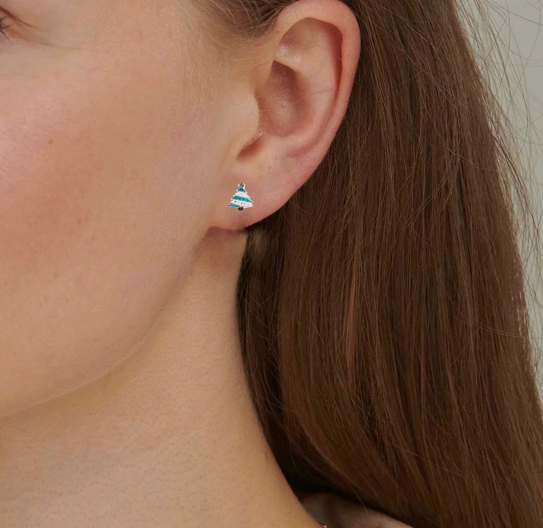 925 Sterling Silver Cute Tree Ear Studs Enamel Cartilage Ear Studs 8x6 mm