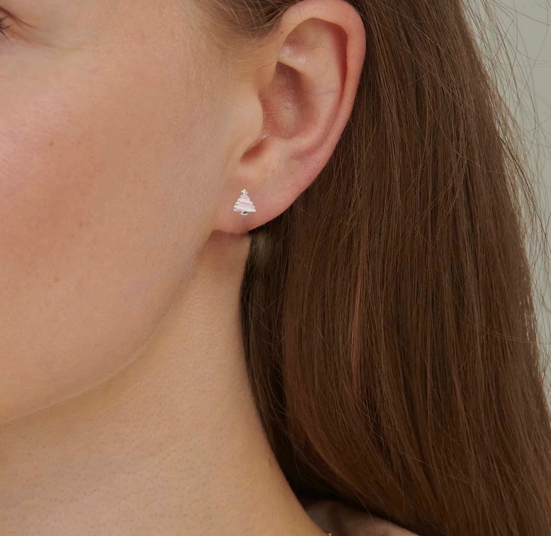 925 Sterling Silver Cute Tree Ear Studs Enamel Cartilage Ear Studs Earrings Handmade Gift - 8x6 mm