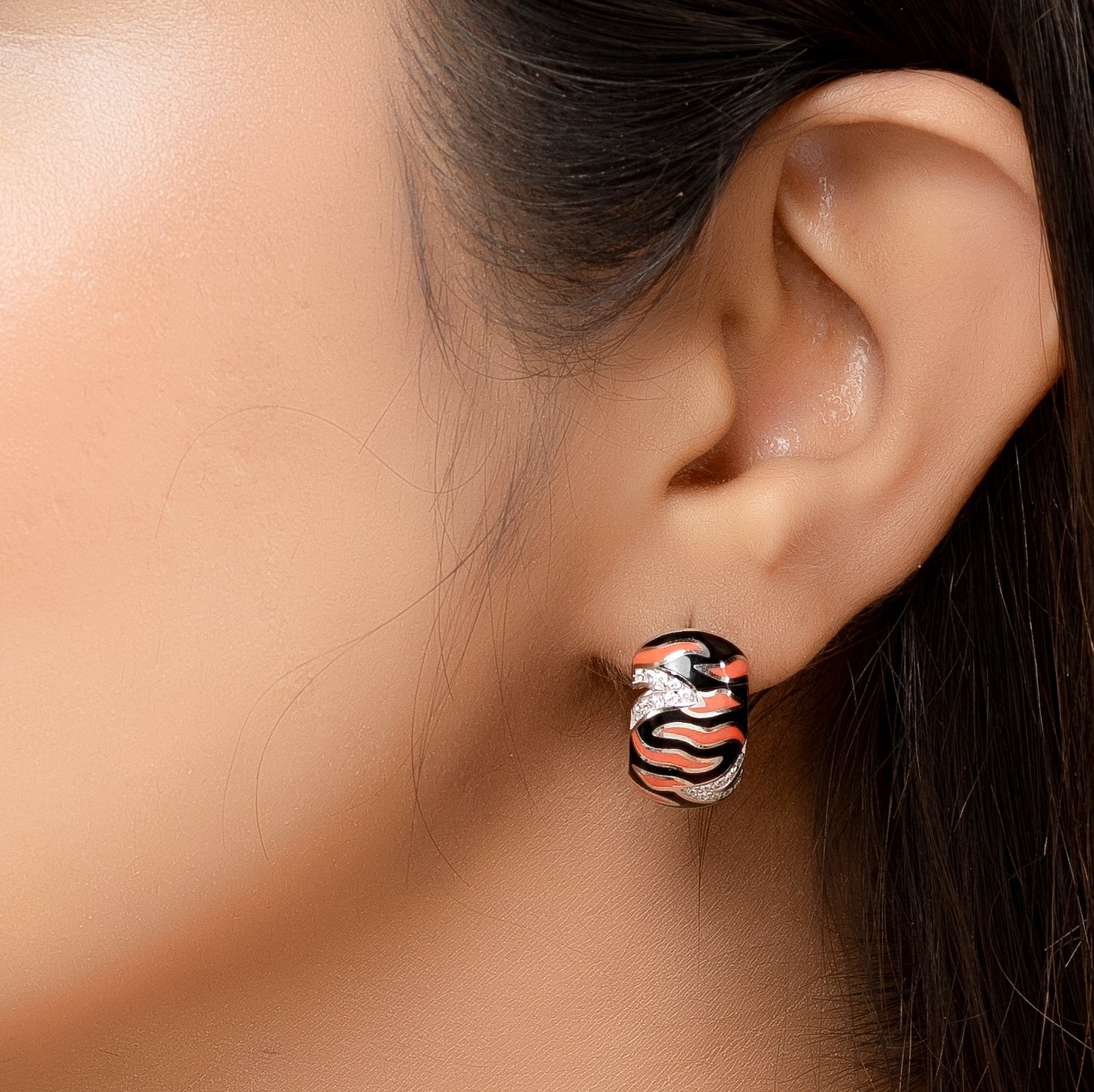 Enamel Hoop Earring 925 Sterling Silver Leopard Pattern Orange Black Enamel Shiny CZ Earrings Jewelry-18x10 mm