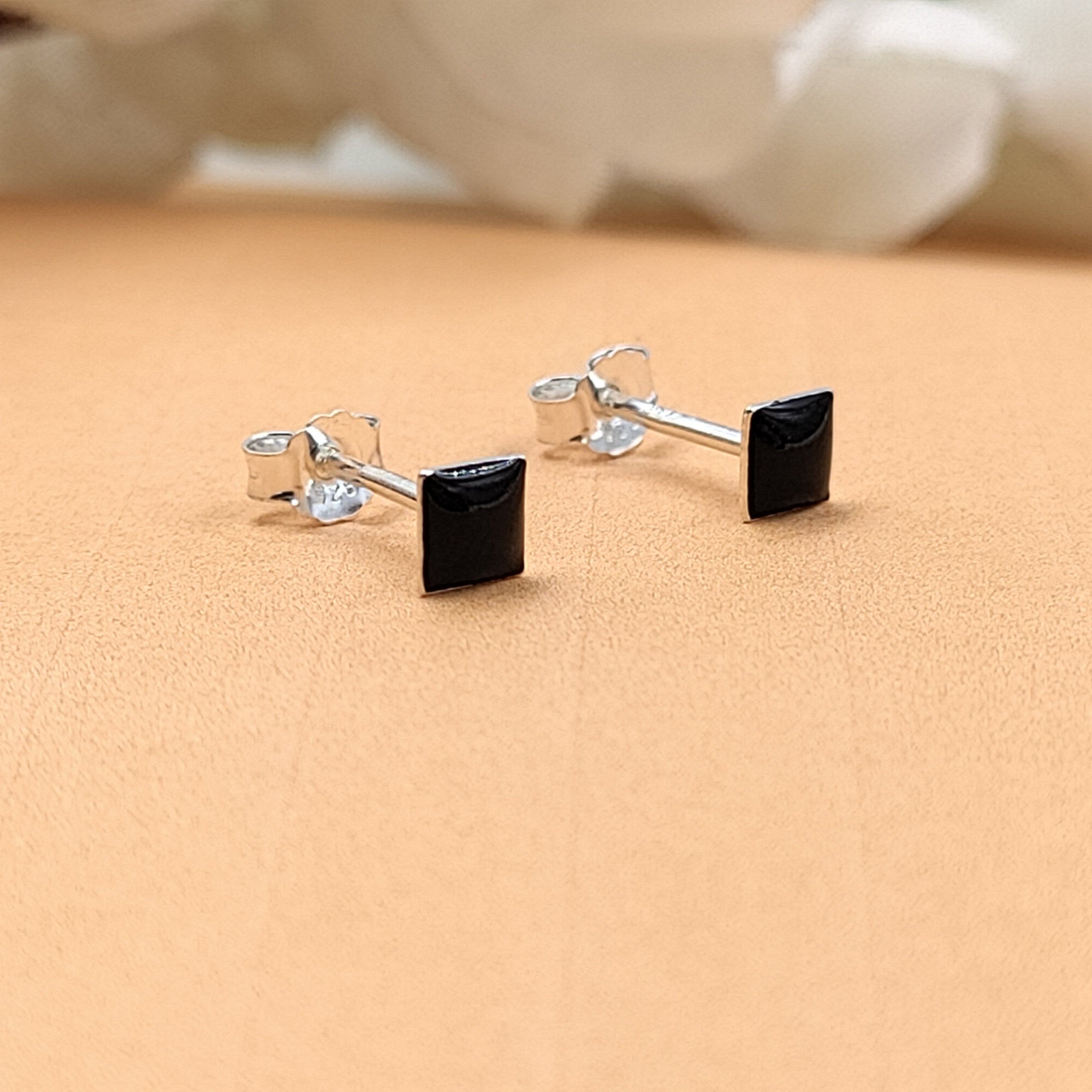 Black Square Stud Earring Silver Stud Earrings 925 Cubic Jewelry Enamel Stud Handmade Gift Gift for Black Lover Jwelery for Mother Daughter