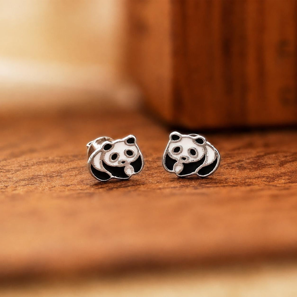 AMONROO® 925 Silver Jewellery for Women - 925 Sterling Silver Panda Enamel Stud Earrings, Animal Jewellery, Gift for Girls | 925 Stamp, Warranty & Authenticity Certificate