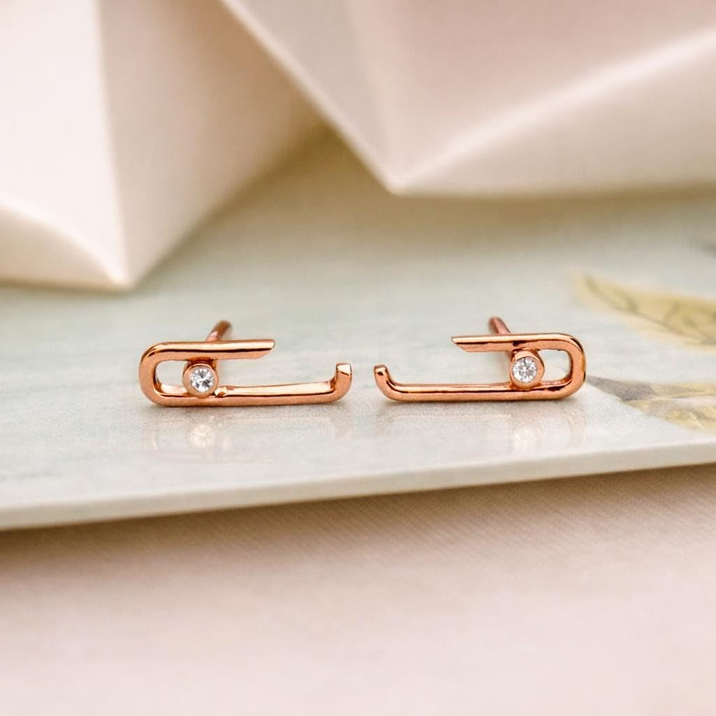 AMONROO® 925 Silver Jewellery for Women - Rose Gold Finish 925 Sterling Silver Safety Pin CZ Stud Earrings, Modern Daily Wear Jewellery | 925 Stamp, Warranty & Authenticity Certificate