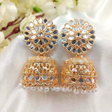 Mirrors Flower With Filigree Design Golden Jhumka Earrings