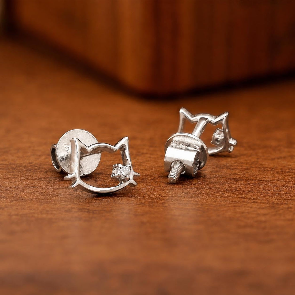 AMONROO® 925 Silver Jewellery for Women - 925 Sterling Silver Cat Face CZ Stud Earrings, Cat Outline Earrings, Kitty Jewellery | 925 Stamp, Warranty & Authenticity Certificate