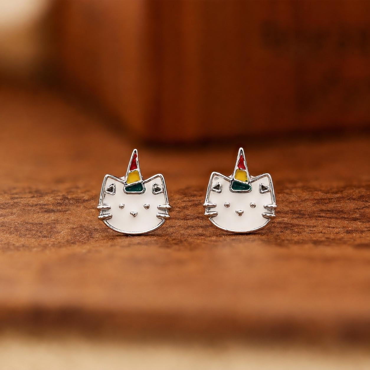 AMONROO® 925 Silver Jewellery for Women - 925 Sterling Silver Caticorn Enamel Stud Earrings, Cat Unicorn Jewellery, Gift for Girls | 925 Stamp, Warranty & Authenticity Certificate