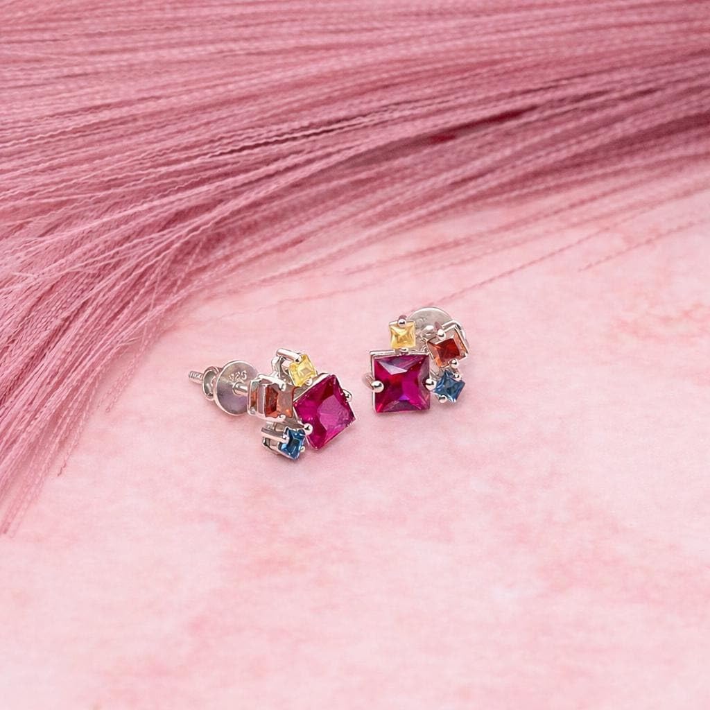 AMONROO® 925 Silver Jewellery for Women - 925 Sterling Silver Multicolour CZ Stud Earrings, Colourful Gemstone Earrings | 925 Stamp, Warranty & Authenticity Certificate