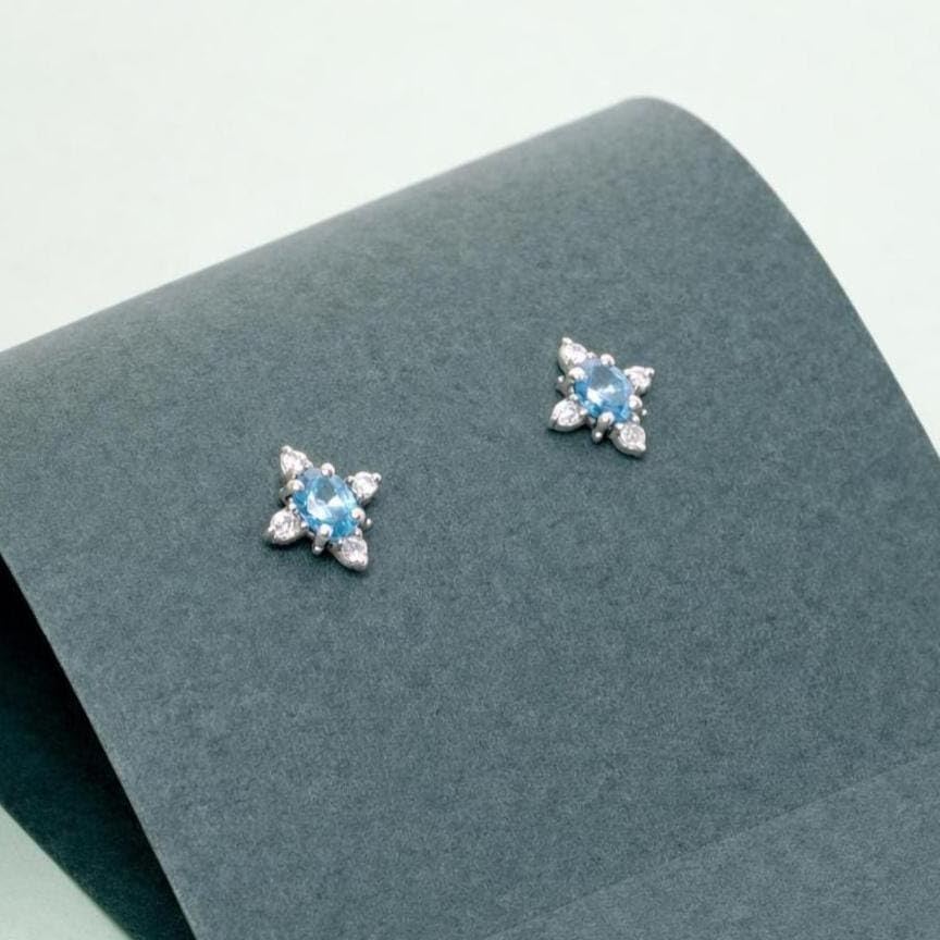 AMONROO® 925 Silver Jewellery for Women - 925 Sterling Silver Blue Topaz CZ Stud Earrings, Halo Stone Earrings, Birthstone Jewellery Gift | 925 Stamp, Warranty & Authenticity Certificate