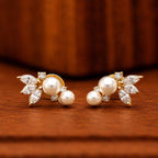AMONROO® 925 Silver Jewellery for Women - Gold Finish 925 Sterling Silver Pearl Flower Stud Earrings, White CZ Leaf Bridal Earrings | 925 Stamp, Warranty & Authenticity Certificate