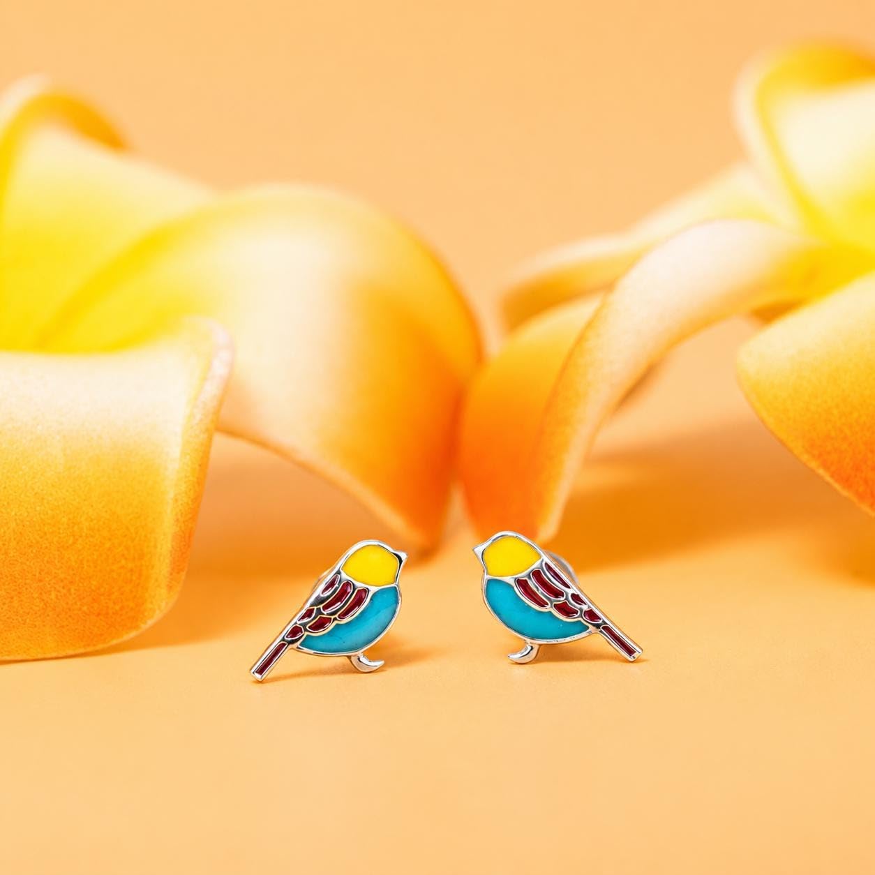 AMONROO® 925 Silver Jewellery for Women - 925 Sterling Silver Colourful Bird Enamel Stud Earrings, Sparrow Design Animal Jewellery | 925 Stamp, Warranty & Authenticity Certificate