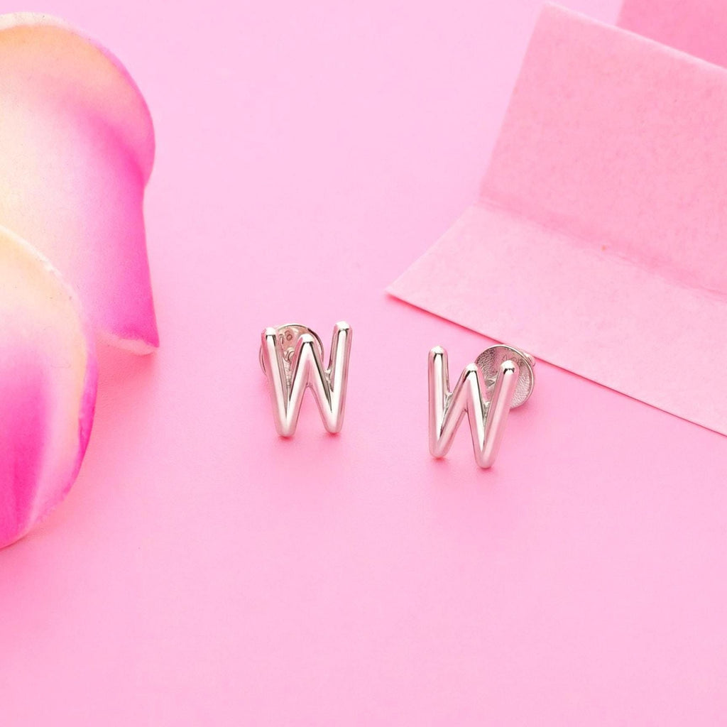 Sterling Silver W Initial Stud Earrings, Dainty Monogram Alphabet Jewelry