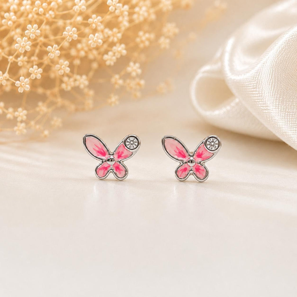 AMONROO® 925 Silver Jewellery for Women - 925 Sterling Silver Pink Butterfly Enamel CZ Stud Earrings, Dainty Butterfly Jewellery | 925 Stamp, Warranty & Authenticity Certificate