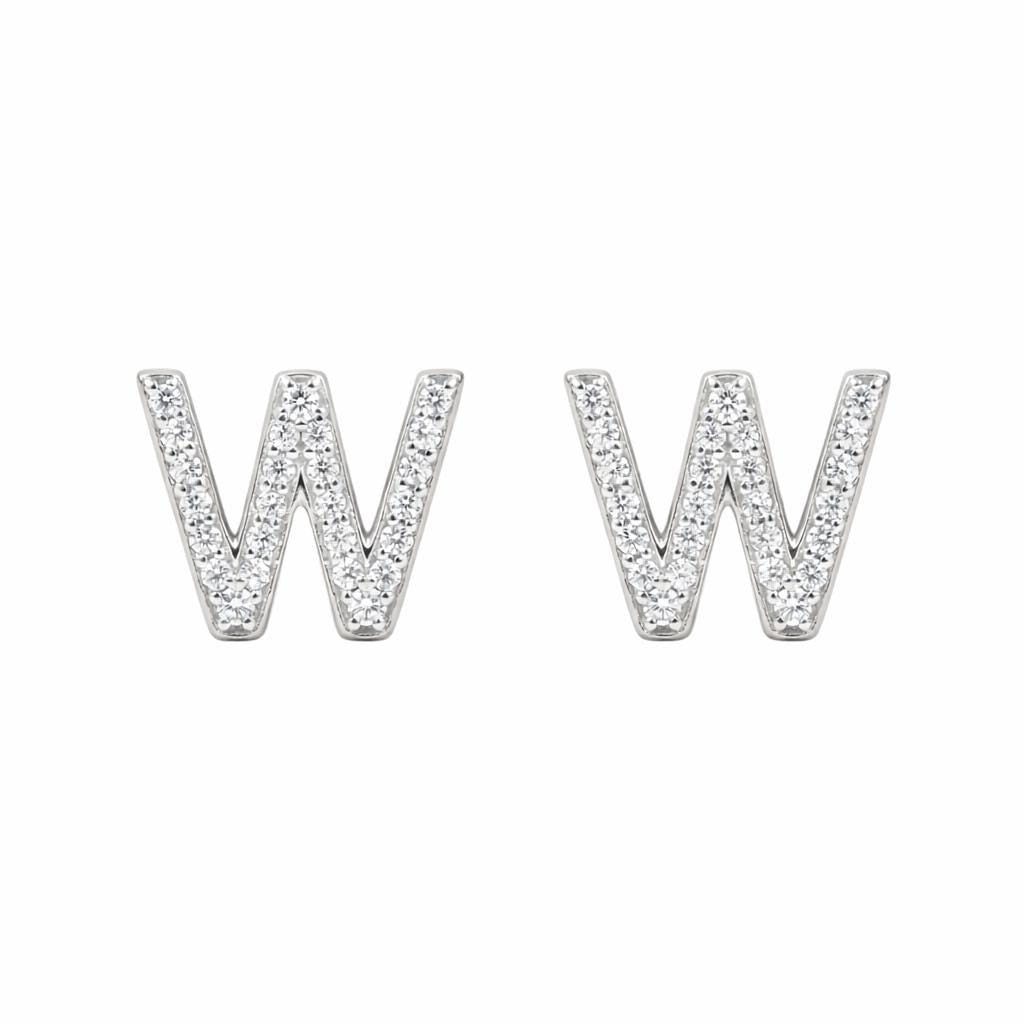 Sterling Silver W Initial Stud Earrings, CZ Dainty Alphabet Monogram Jewelry