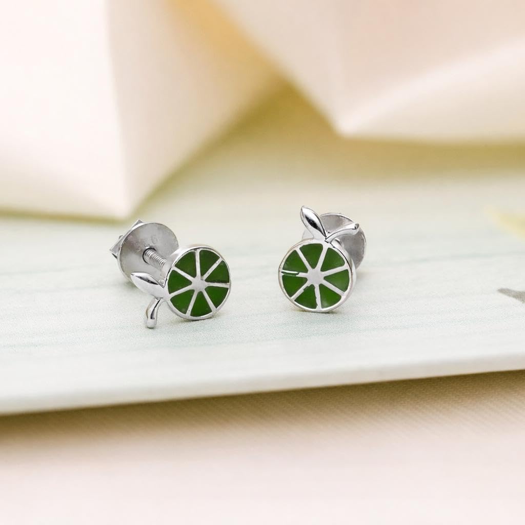 AMONROO® 925 Silver Jewellery for Women - 925 Sterling Silver Lime Slice Green Enamel Stud Earrings, Fruit Design Jewellery | 925 Stamp, Warranty & Authenticity Certificate