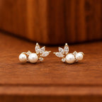 AMONROO® 925 Silver Jewellery for Women - Gold Finish 925 Sterling Silver Pearl Flower Stud Earrings, White CZ Leaf Bridal Earrings | 925 Stamp, Warranty & Authenticity Certificate
