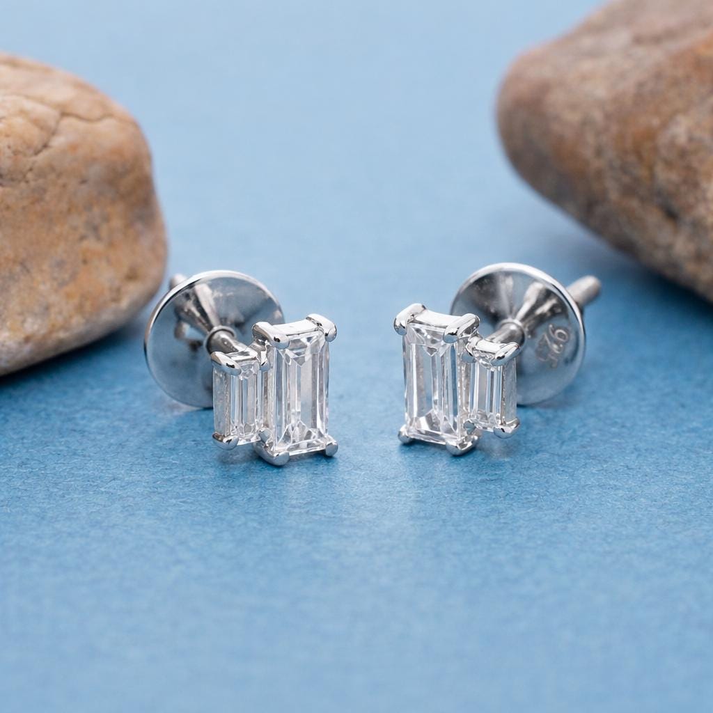 925 Sterling Silver Emerald Cut Stud Earrings, Minimalist Geometric Bridal Jewelry