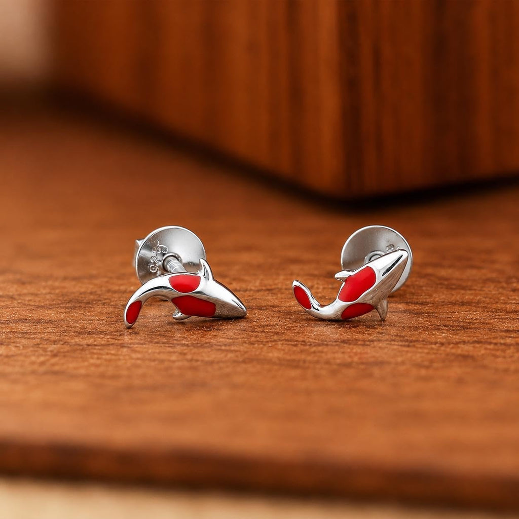 AMONROO® 925 Silver Jewellery for Women - 925 Sterling Silver Red Dolphin Enamel Stud Earrings, Ocean Animal Jewellery, Gift for Women | 925 Stamp, Warranty & Authenticity Certificate