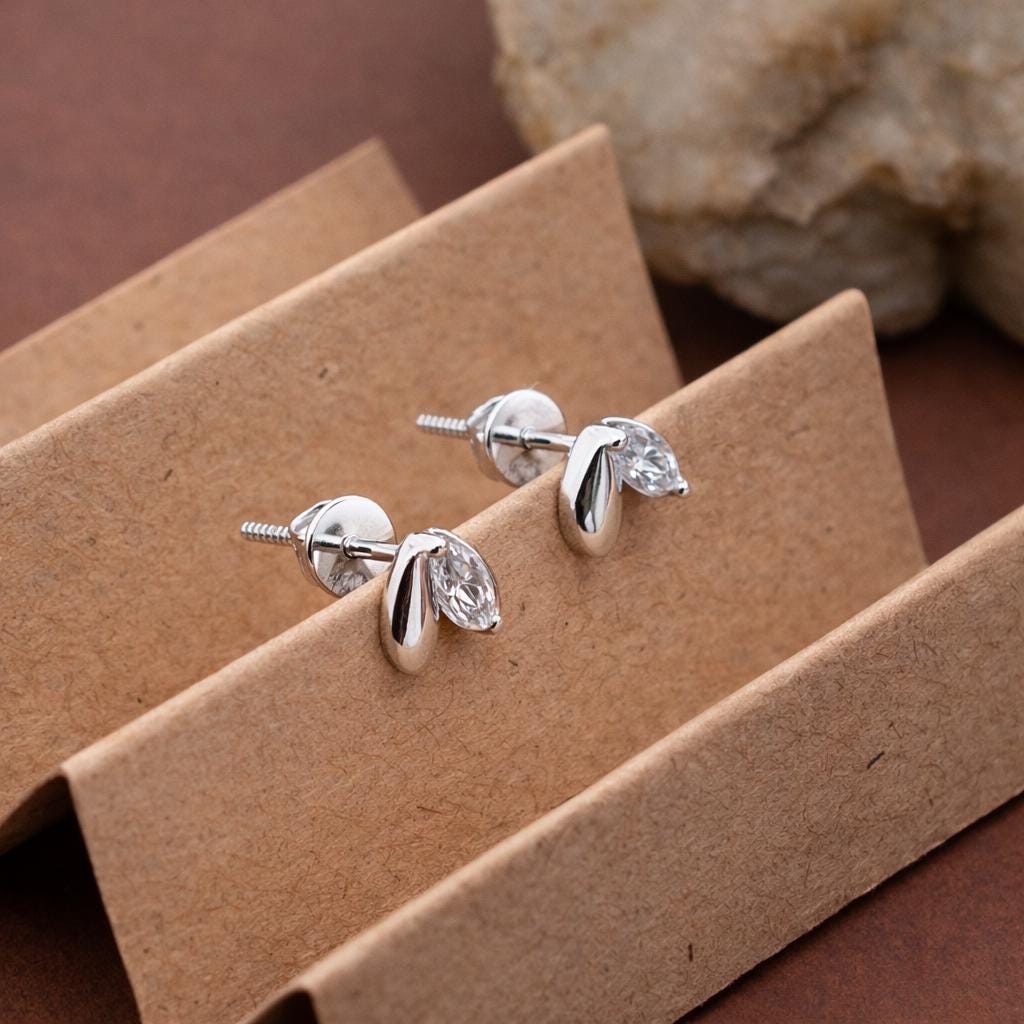 925 Sterling Silver Leaf Stud Earrings, Marquise Diamond Look Petal Studs, Minimalist Bridal Earrings, Gift for Her Jewelry