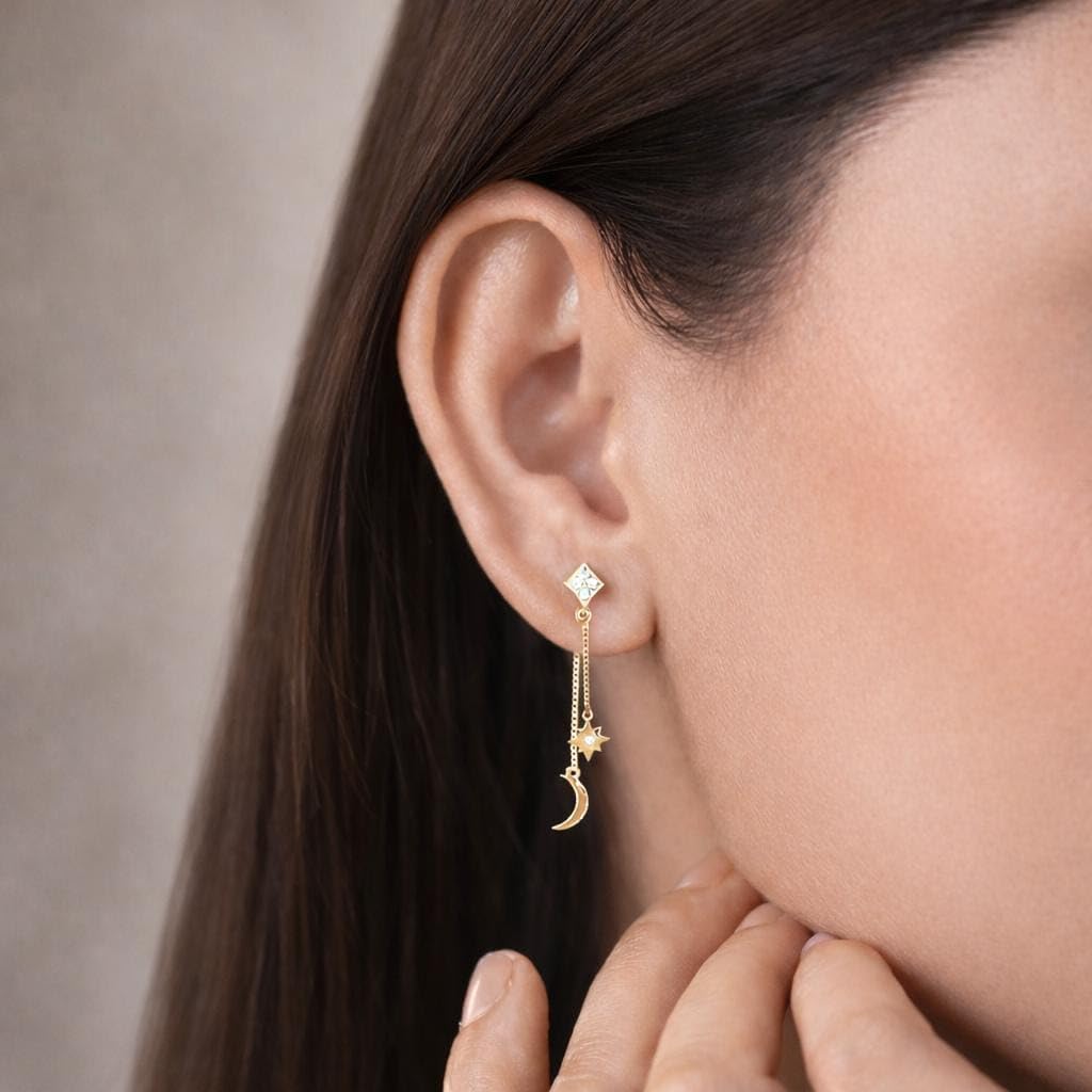 AMONROO® 925 Silver Jewellery for Women - 925 Sterling Silver Moon Star Dangle Earrings, Gold Finish CZ Chain Earrings, Trendy Jewellery | 925 Stamp, Warranty & Authenticity Certificate
