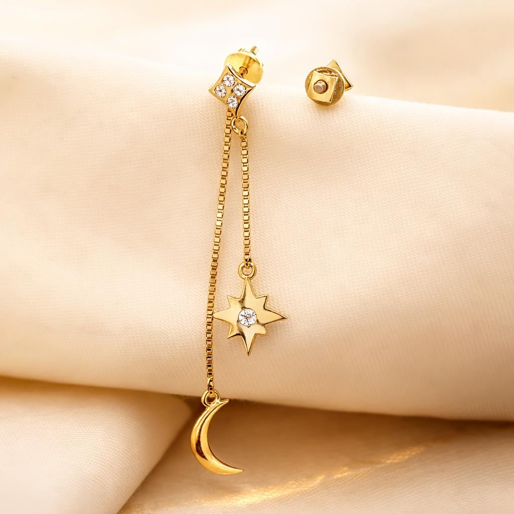 AMONROO® 925 Silver Jewellery for Women - 925 Sterling Silver Moon Star Dangle Earrings, Gold Finish CZ Chain Earrings, Trendy Jewellery | 925 Stamp, Warranty & Authenticity Certificate
