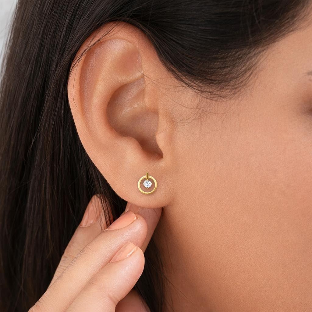 AMONROO® 925 Silver Jewellery for Women - Gold Finish 925 Sterling Silver Circle CZ Stud Earrings, Asymmetric Earrings, Daily Wear | 925 Stamp, Warranty & Authenticity Certificate