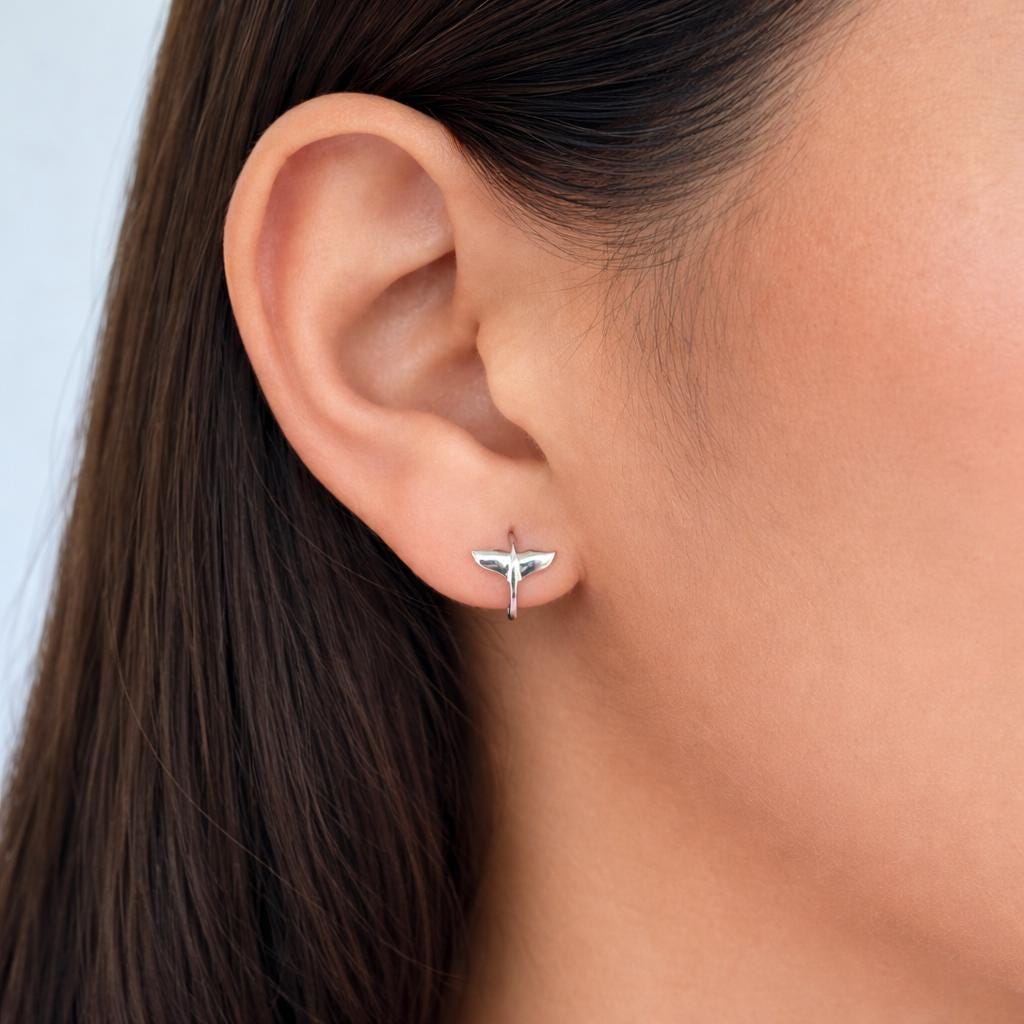 925 Sterling Silver Whale Tail Hoop Earrings - Minimalist Ocean Marine Jewelry-Size 10 x 8 MM