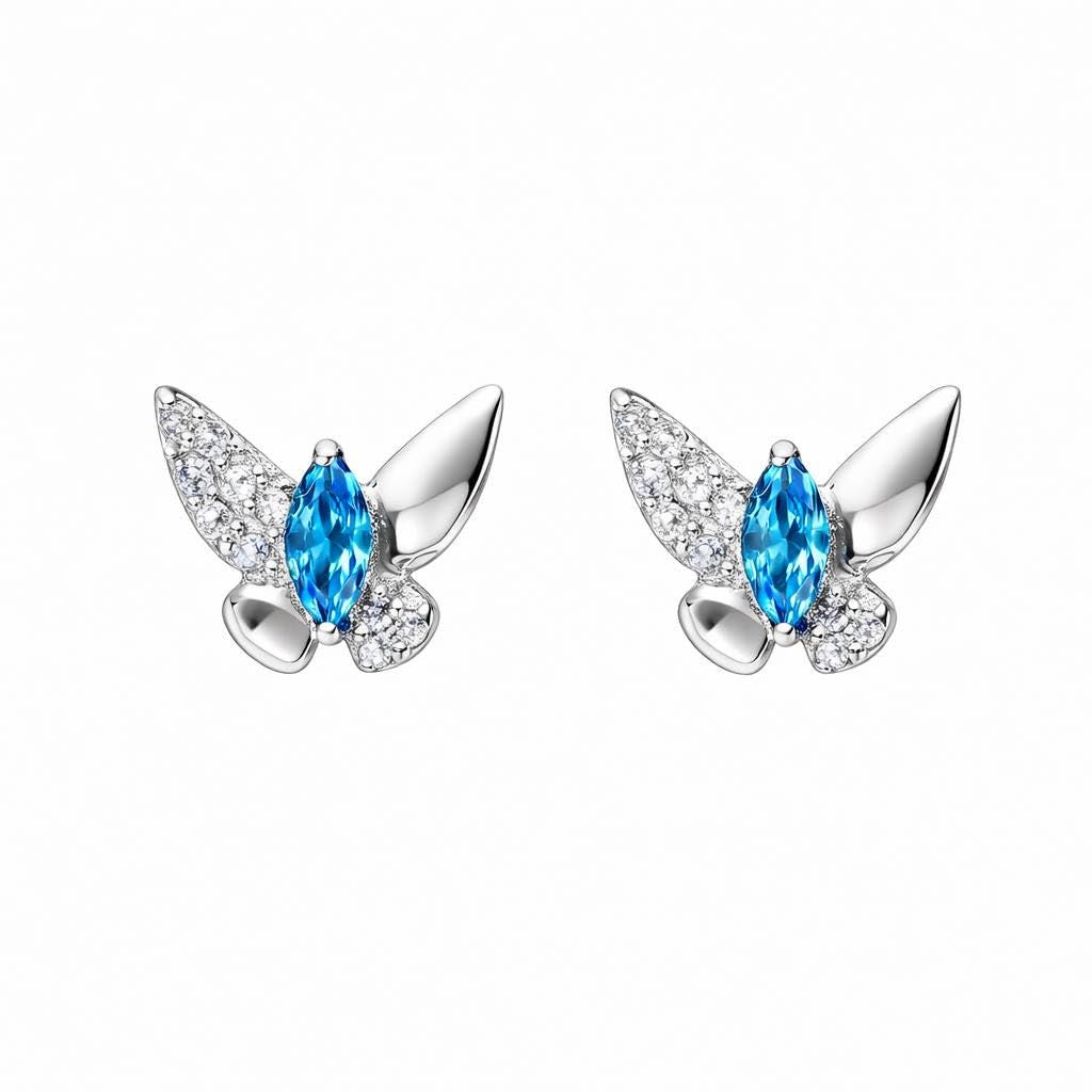 AMONROO® 925 Silver Jewellery for Women - 925 Sterling Silver Blue Marquise CZ Butterfly Stud Earrings, Dainty Butterfly Jewellery | 925 Stamp, Warranty & Authenticity Certificate