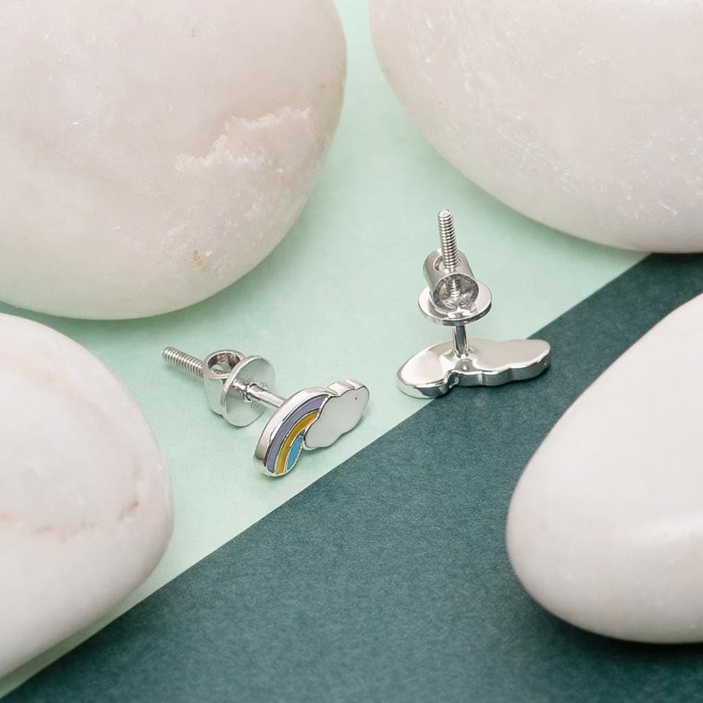AMONROO® 925 Silver Jewellery for Women - 925 Sterling Silver Rainbow Cloud Enamel Stud Earrings, Colourful Earrings, Daily Wear | 925 Stamp, Warranty & Authenticity Certificate