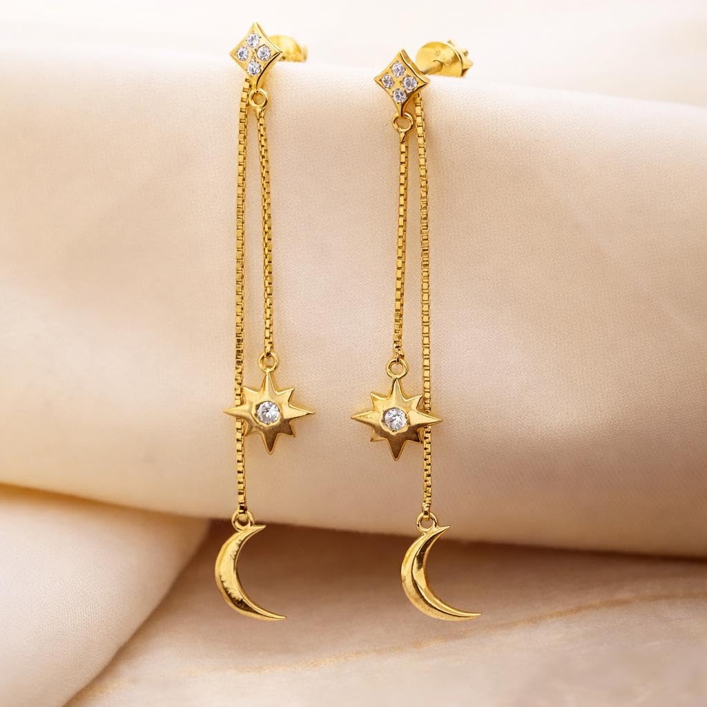 AMONROO® 925 Silver Jewellery for Women - 925 Sterling Silver Moon Star Dangle Earrings, Gold Finish CZ Chain Earrings, Trendy Jewellery | 925 Stamp, Warranty & Authenticity Certificate