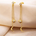 AMONROO® 925 Silver Jewellery for Women - 925 Sterling Silver Moon Star Dangle Earrings, Gold Finish CZ Chain Earrings, Trendy Jewellery | 925 Stamp, Warranty & Authenticity Certificate