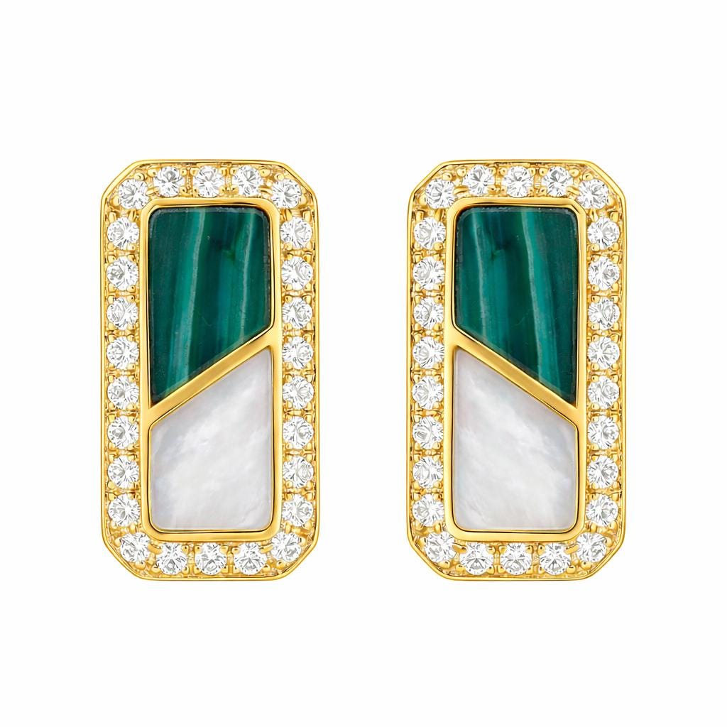 925 Sterling Silver Geometric Green Stud Earrings - Gold Finish Minimalist Art Deco Dainty Jewelry