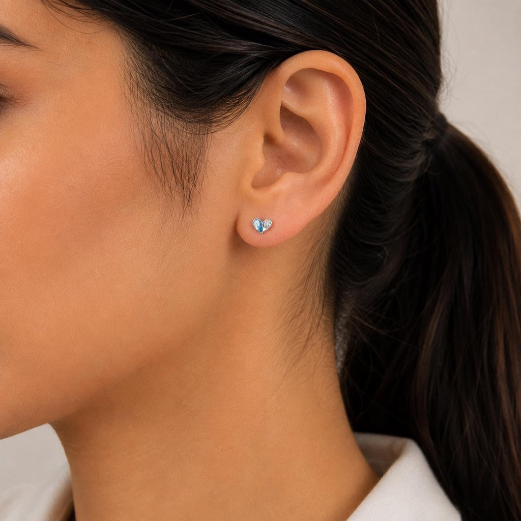 AMONROO® 925 Silver Jewellery for Women - 925 Sterling Silver Blue White CZ Heart Stud Earrings, Dainty Gemstone Earrings, Gift for Women | 925 Stamp, Warranty & Authenticity Certificate