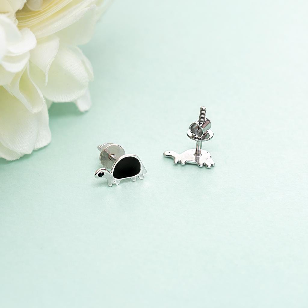 925 Sterling Silver Turtle Stud Earrings, Black Enamel Sea Turtle Earrings, Cute Animal Studs, Minimalist Ocean Jewelry Gift