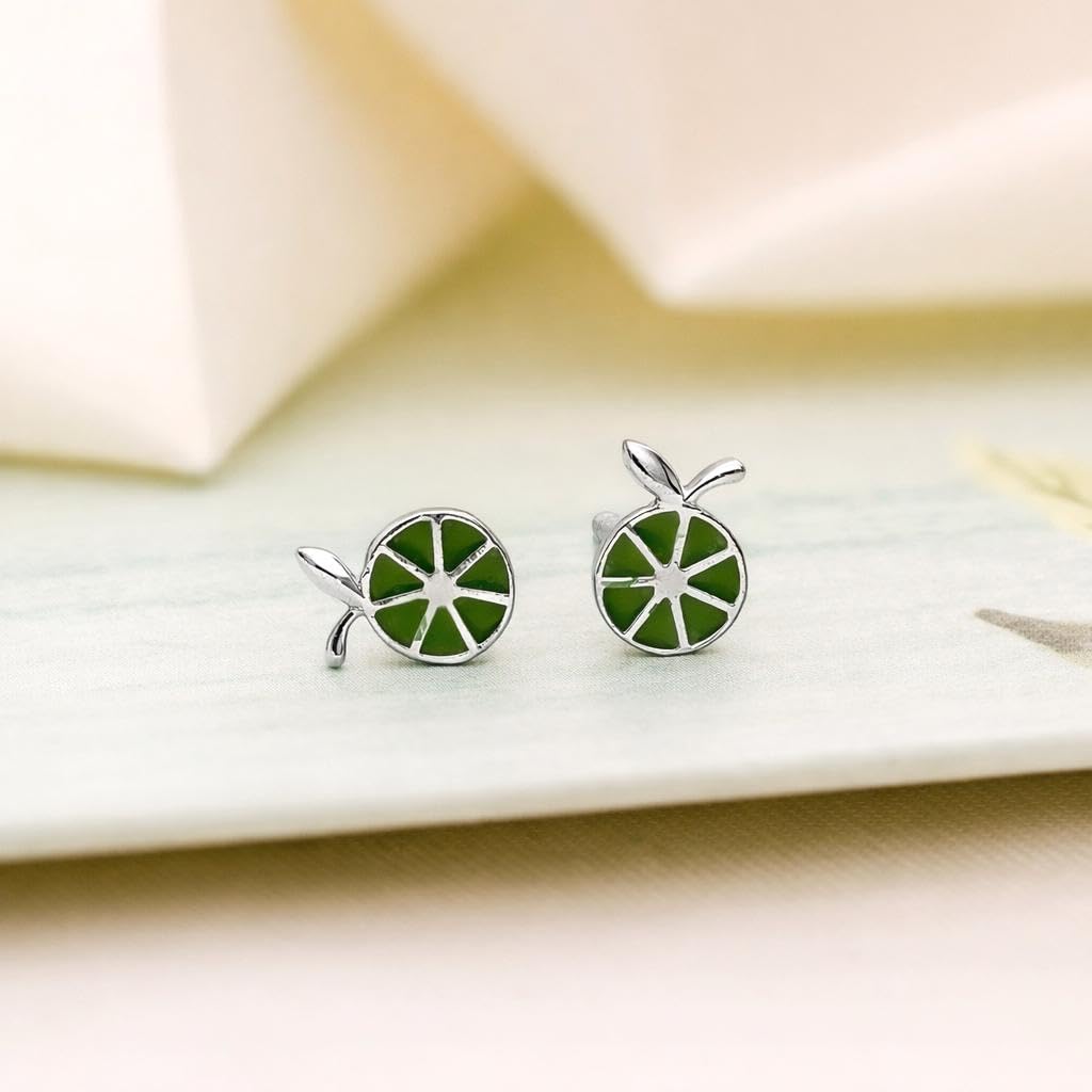 AMONROO® 925 Silver Jewellery for Women - 925 Sterling Silver Lime Slice Green Enamel Stud Earrings, Fruit Design Jewellery | 925 Stamp, Warranty & Authenticity Certificate