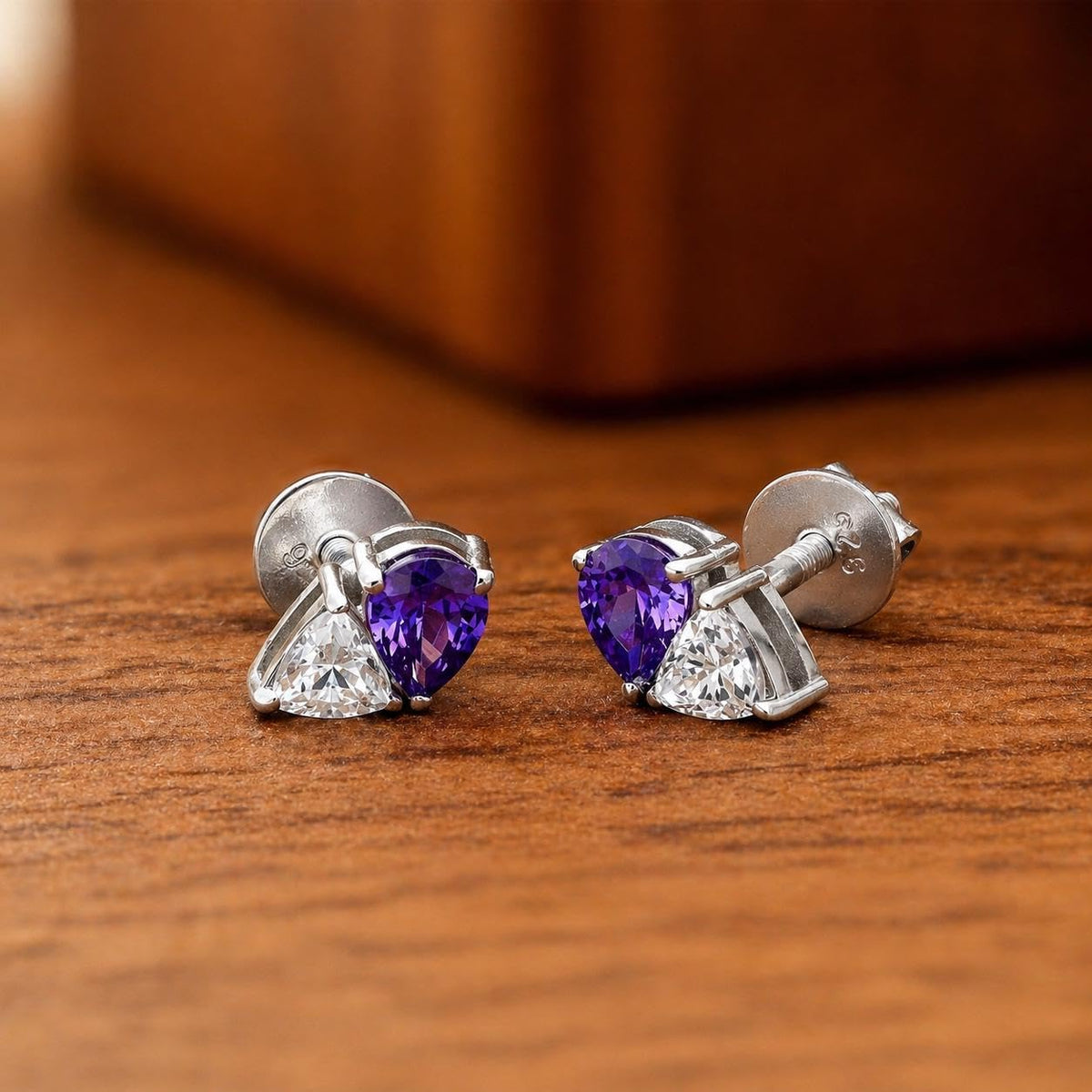 AMONROO® 925 Silver Jewellery for Women - 925 Sterling Silver Purple Amethyst White CZ Stud Earrings, Two Stone Dainty Jewellery | 925 Stamp, Warranty & Authenticity Certificate