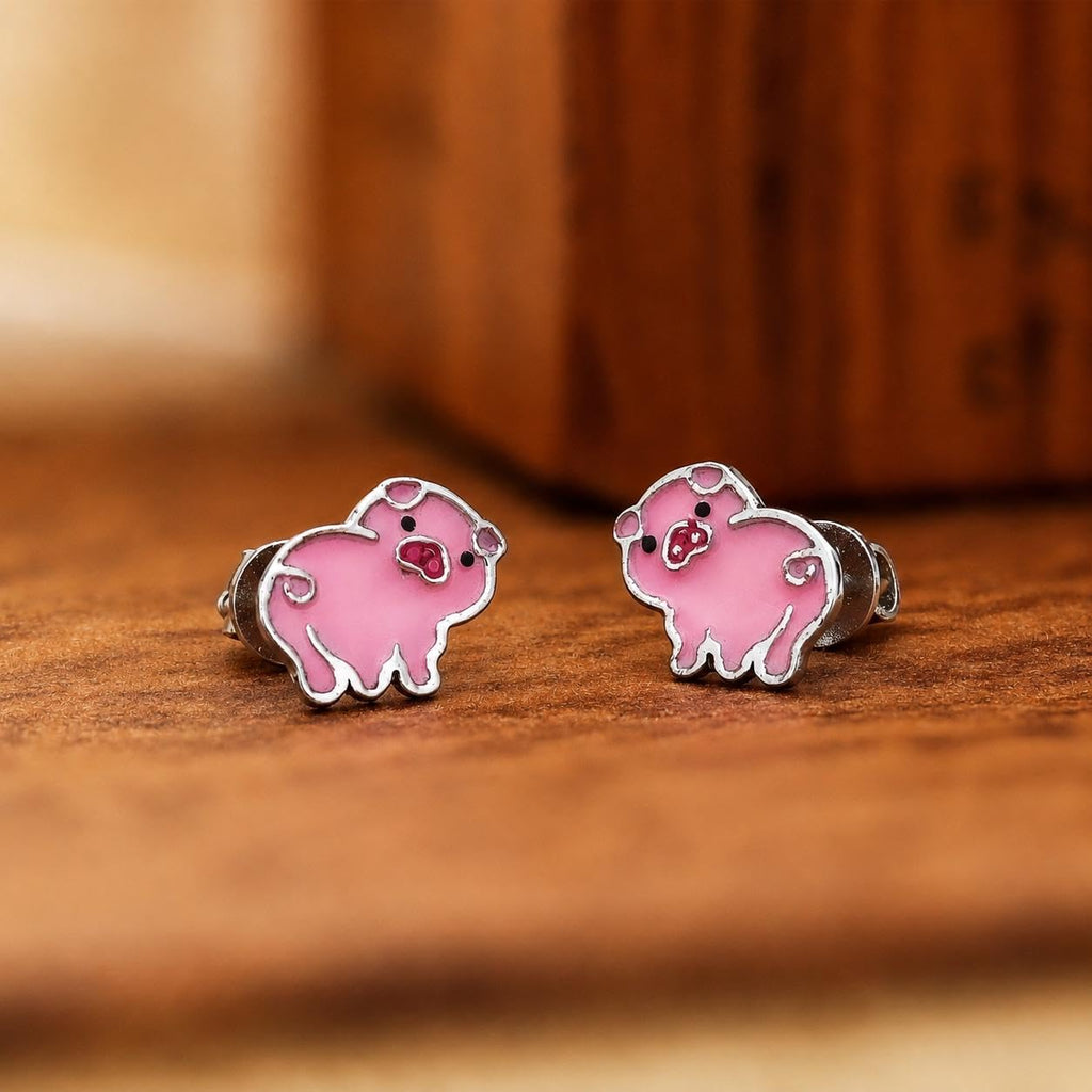 AMONROO® 925 Silver Jewellery for Women - 925 Sterling Silver Pink Pig Enamel Stud Earrings, Animal Jewellery, Gift for Girls | 925 Stamp, Warranty & Authenticity Certificate