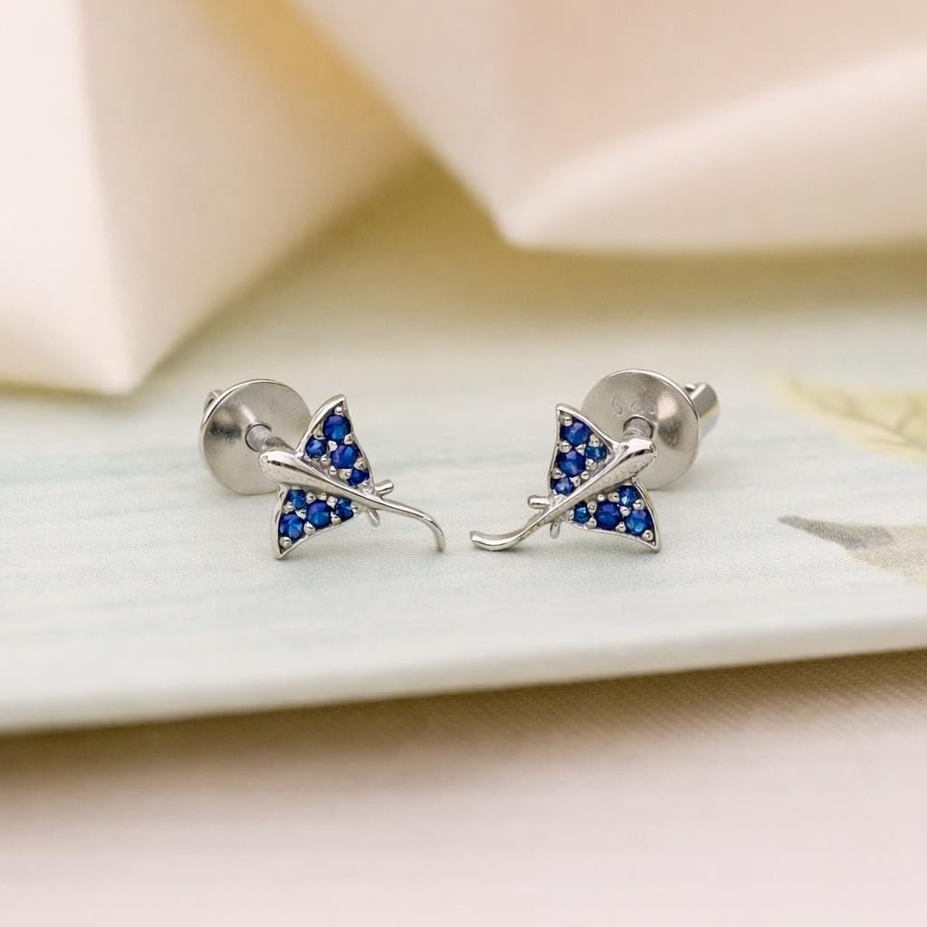 AMONROO® 925 Silver Jewellery for Women - 925 Sterling Silver Stingray Blue CZ Stud Earrings, Ocean Animal Earrings, Gift for Women | 925 Stamp, Warranty & Authenticity Certificate