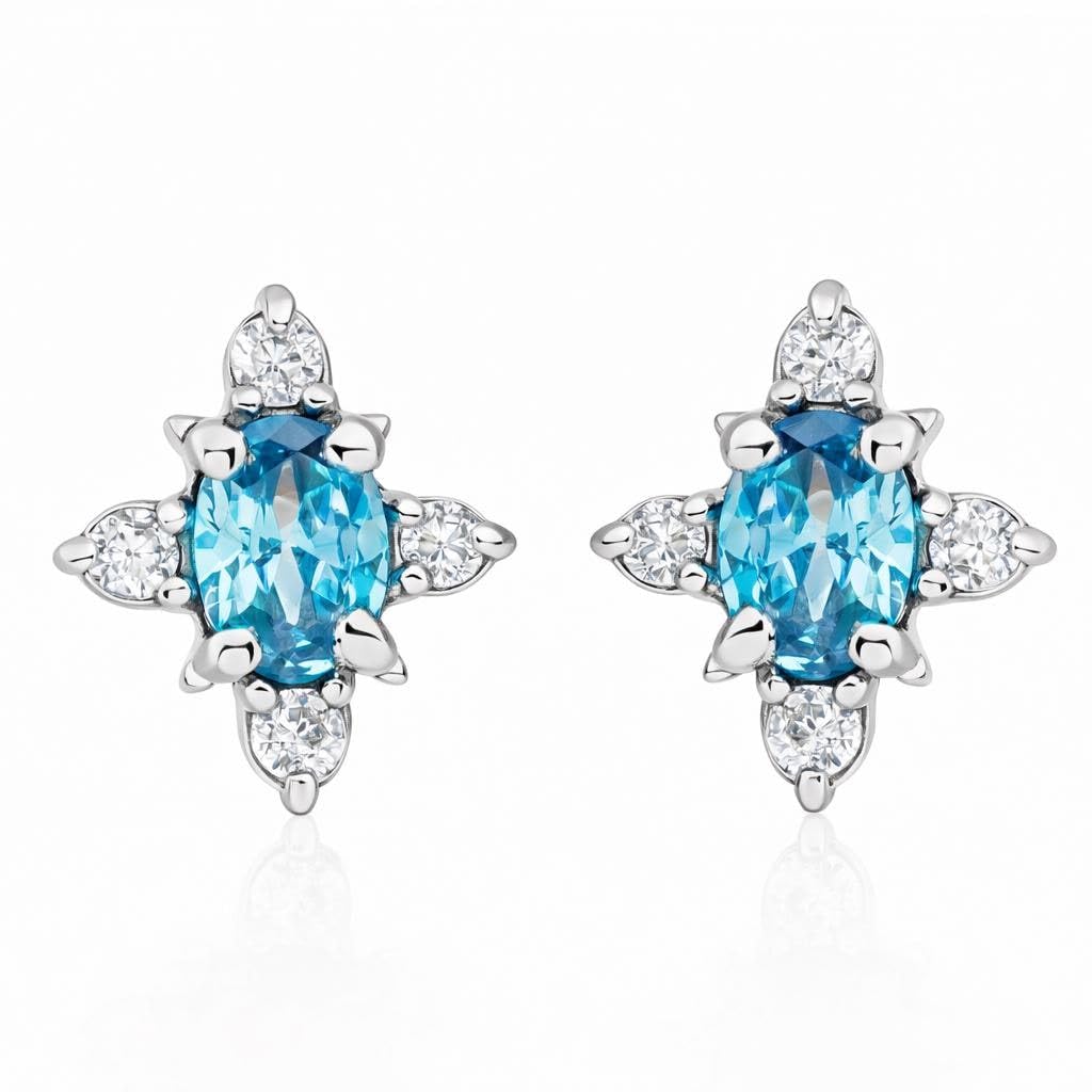 AMONROO® 925 Silver Jewellery for Women - 925 Sterling Silver Blue Topaz CZ Stud Earrings, Halo Stone Earrings, Birthstone Jewellery Gift | 925 Stamp, Warranty & Authenticity Certificate