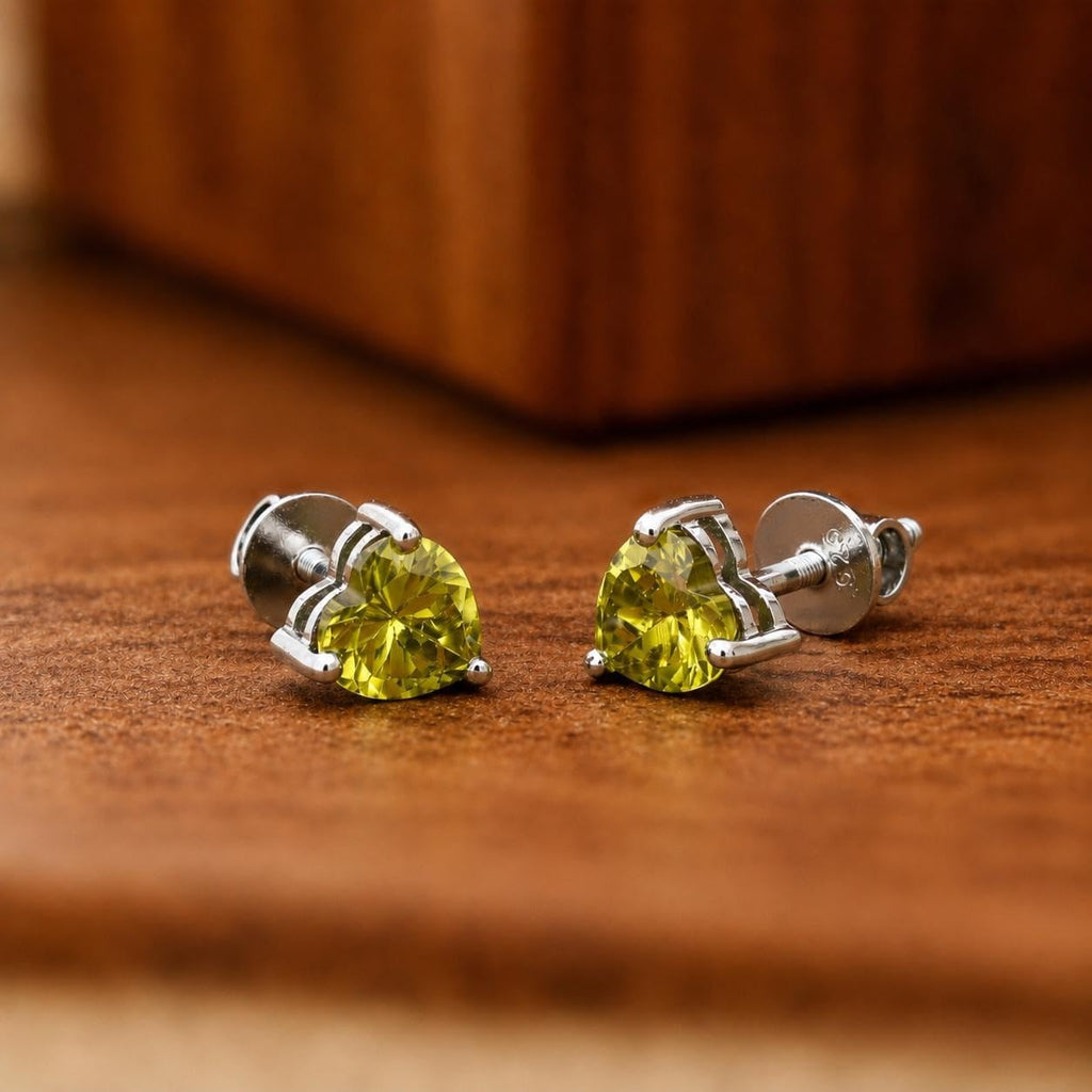 AMONROO® 925 Silver Jewellery for Women - 925 Sterling Silver Olive Green CZ Heart Stud Earrings, Gemstone Earrings, Dainty Jewellery | 925 Stamp, Warranty & Authenticity Certificate