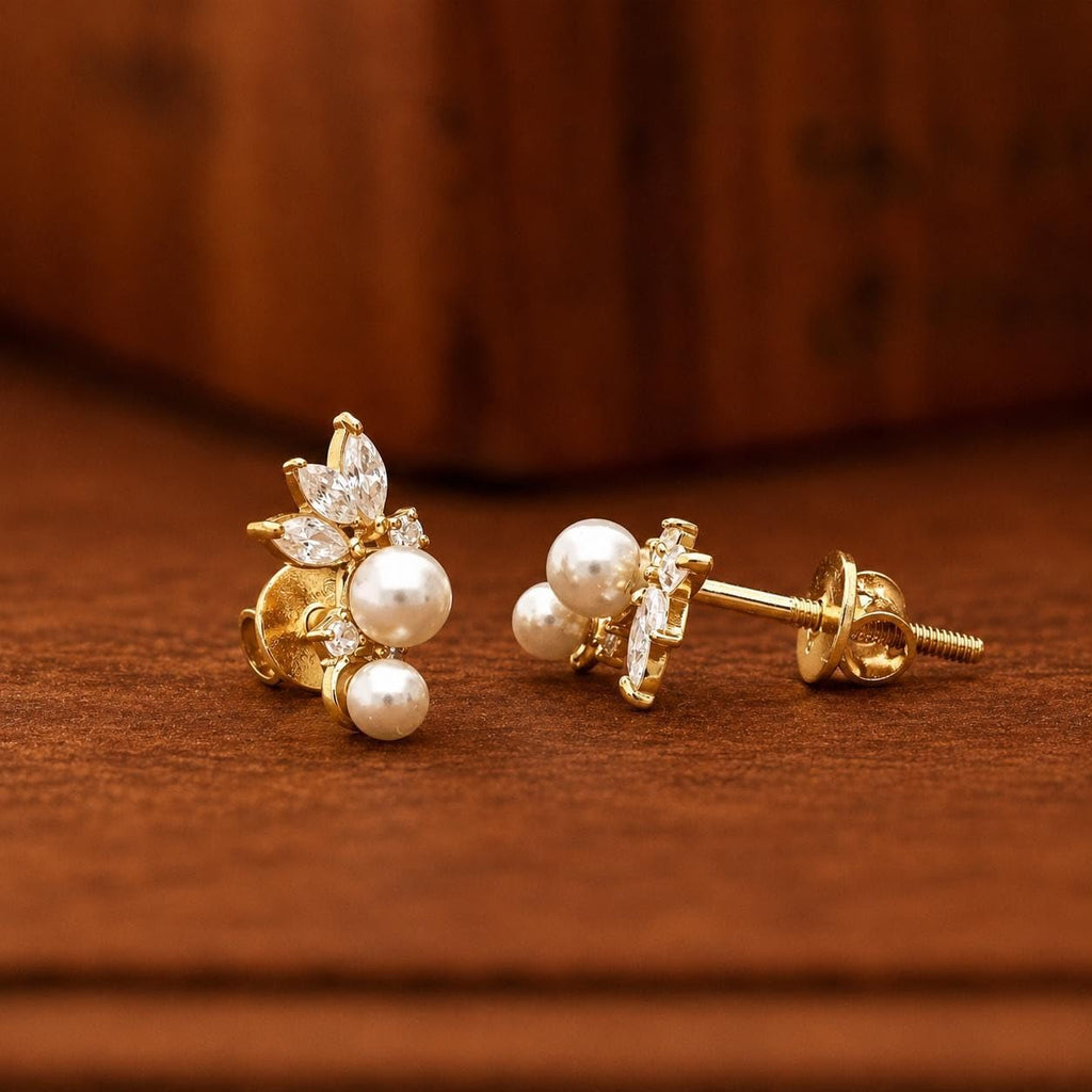 AMONROO® 925 Silver Jewellery for Women - Gold Finish 925 Sterling Silver Pearl Flower Stud Earrings, White CZ Leaf Bridal Earrings | 925 Stamp, Warranty & Authenticity Certificate